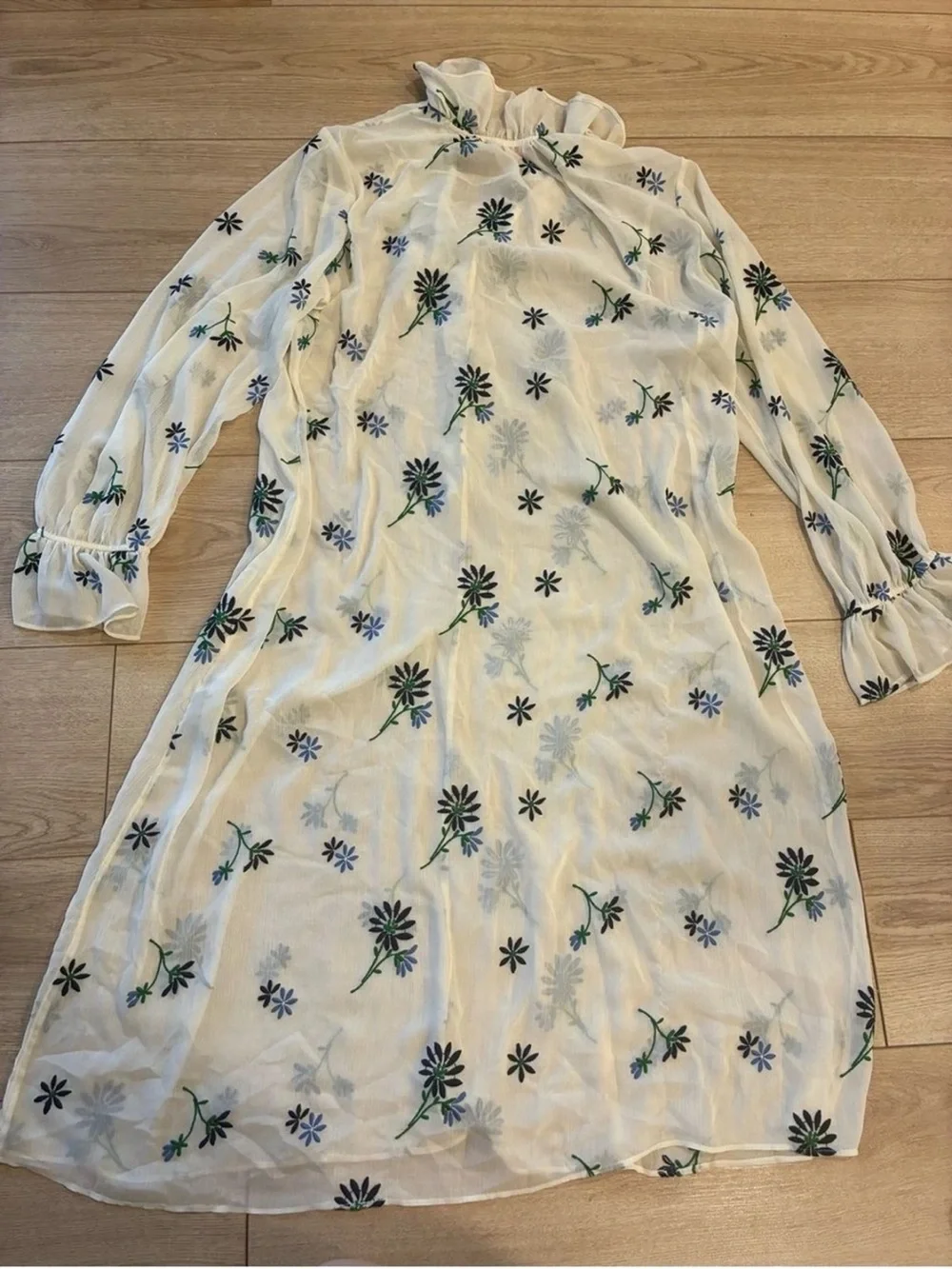 Tory Burch Cream Midi Dress with Blue Floral Embroidery
